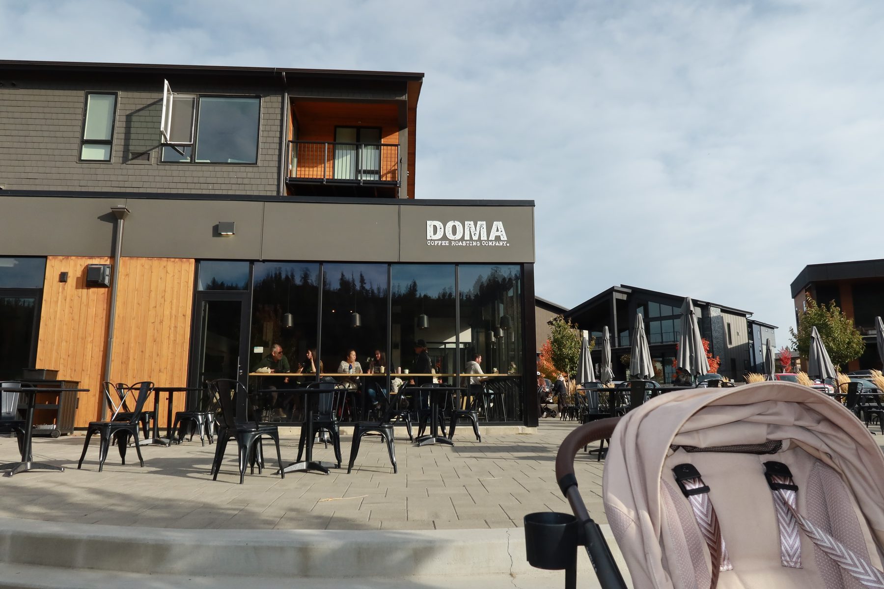The DOMA Coffee café building in Post Falls with its patio