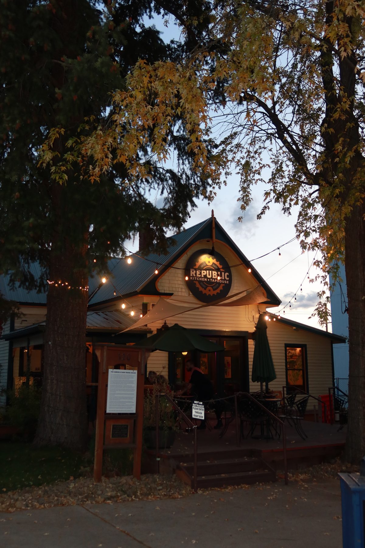 The front of the historic Republic house at dusk