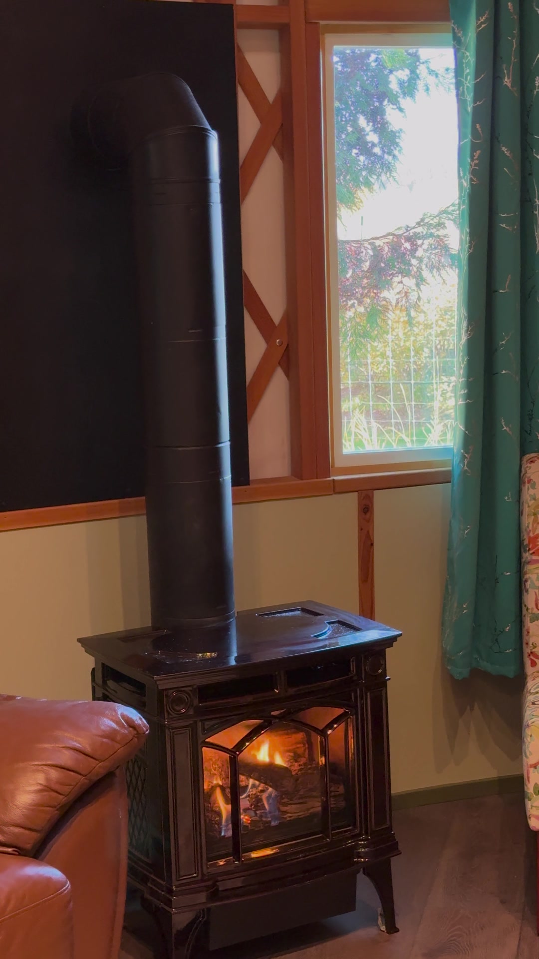 The gas stove glowing inside the Blueberry Bungalow