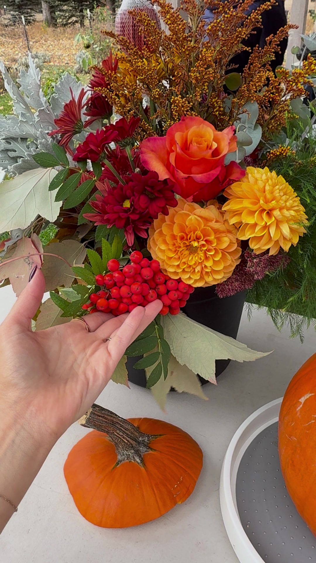 Holding a sprig of red berries next to a bright fall arrangement