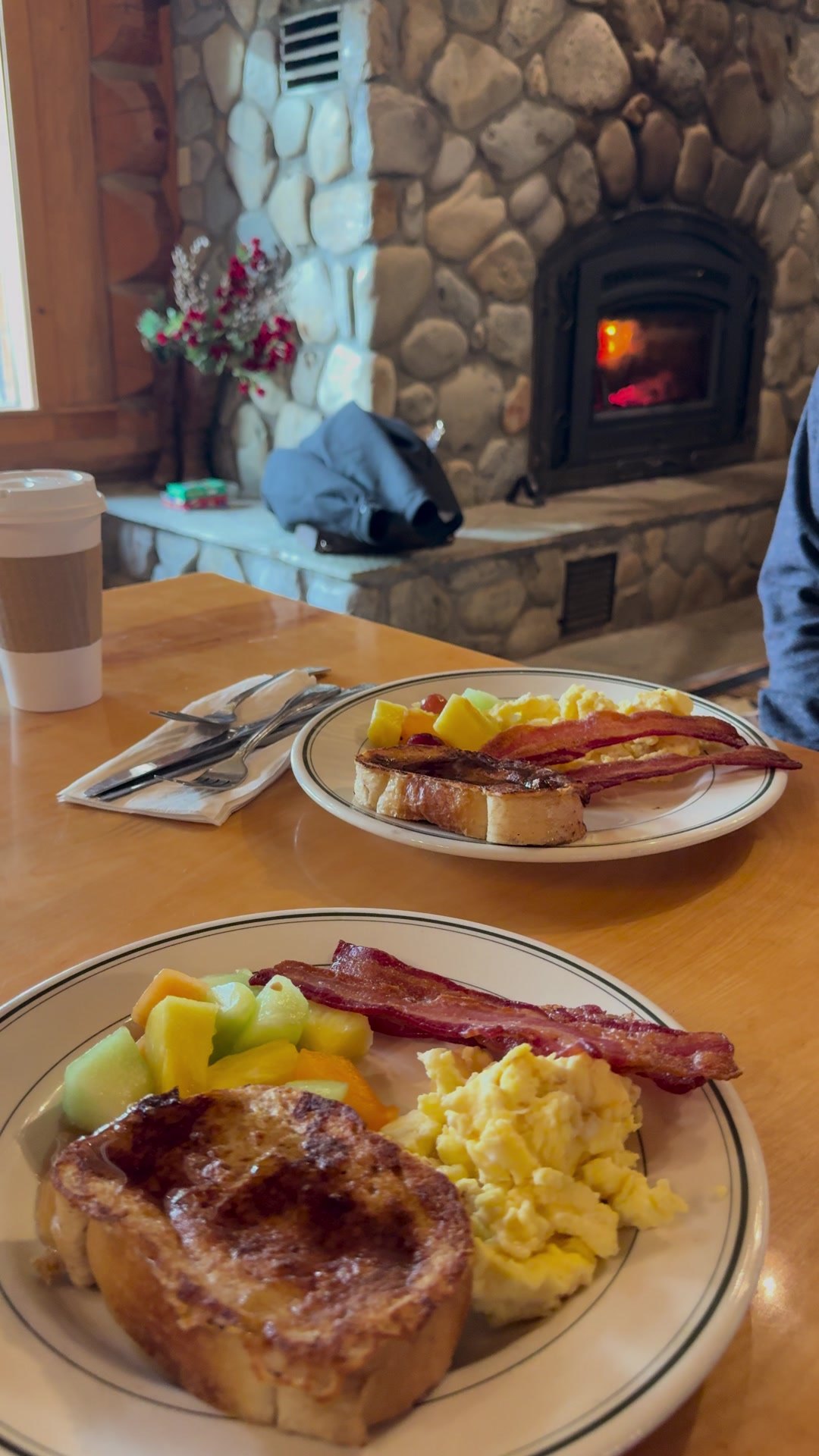 A hearty ranch breakfast by the fireplace
