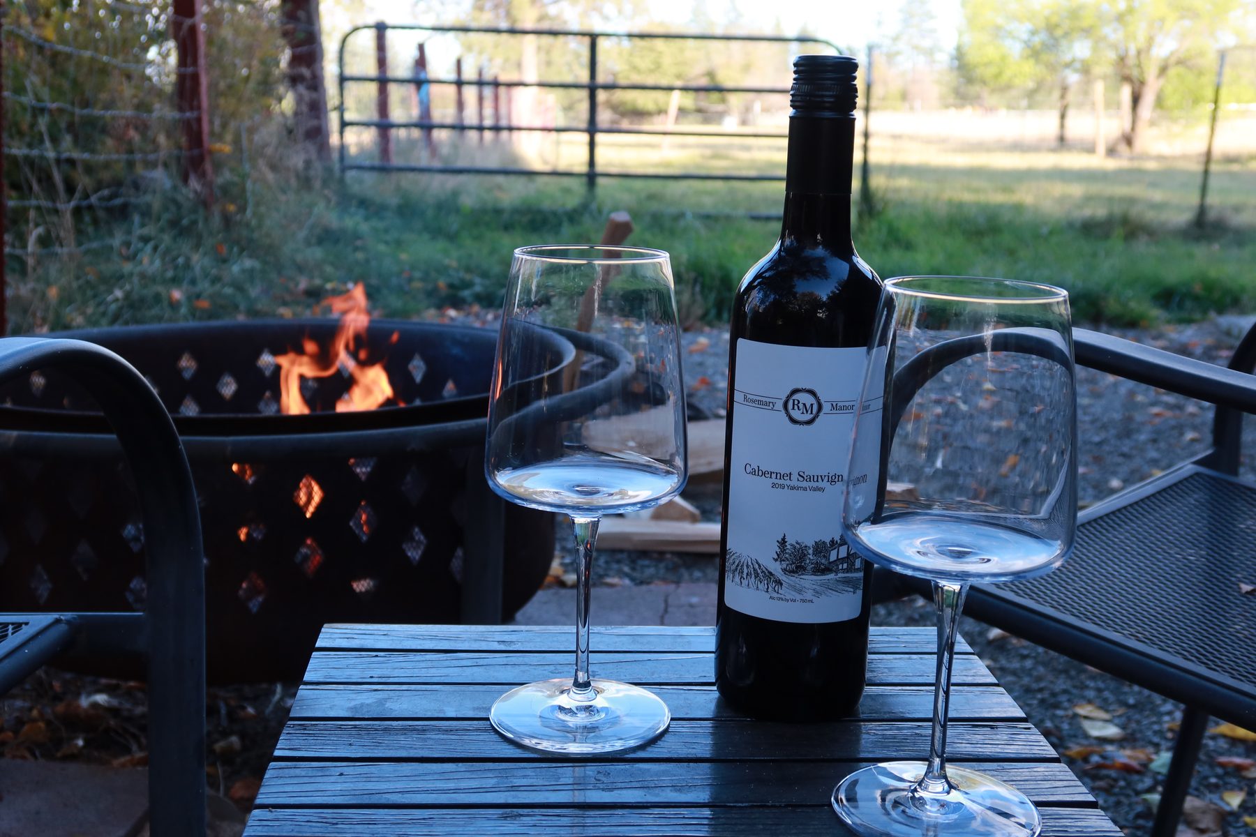 Two wine glasses and a bottle by the fire pit